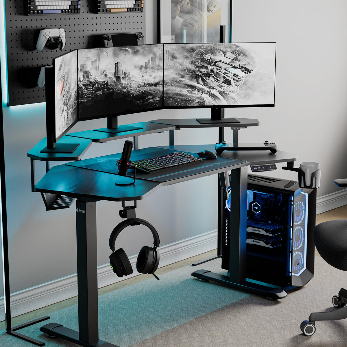 Gaming Desk with Keyboard Tray and LED Shelves