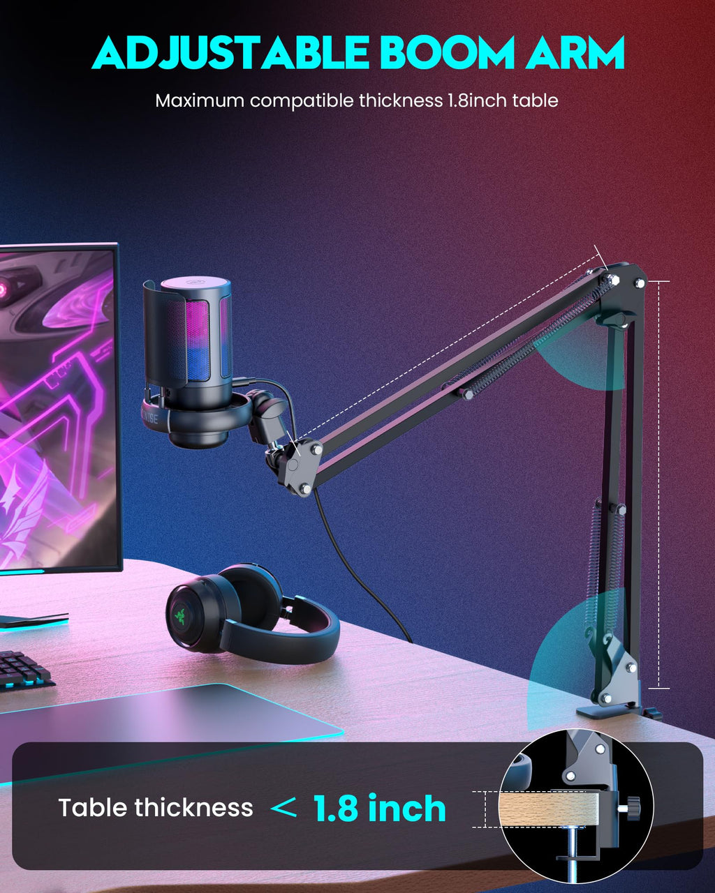 USB Gaming Microphone with Boom Arm and RGB Lighting