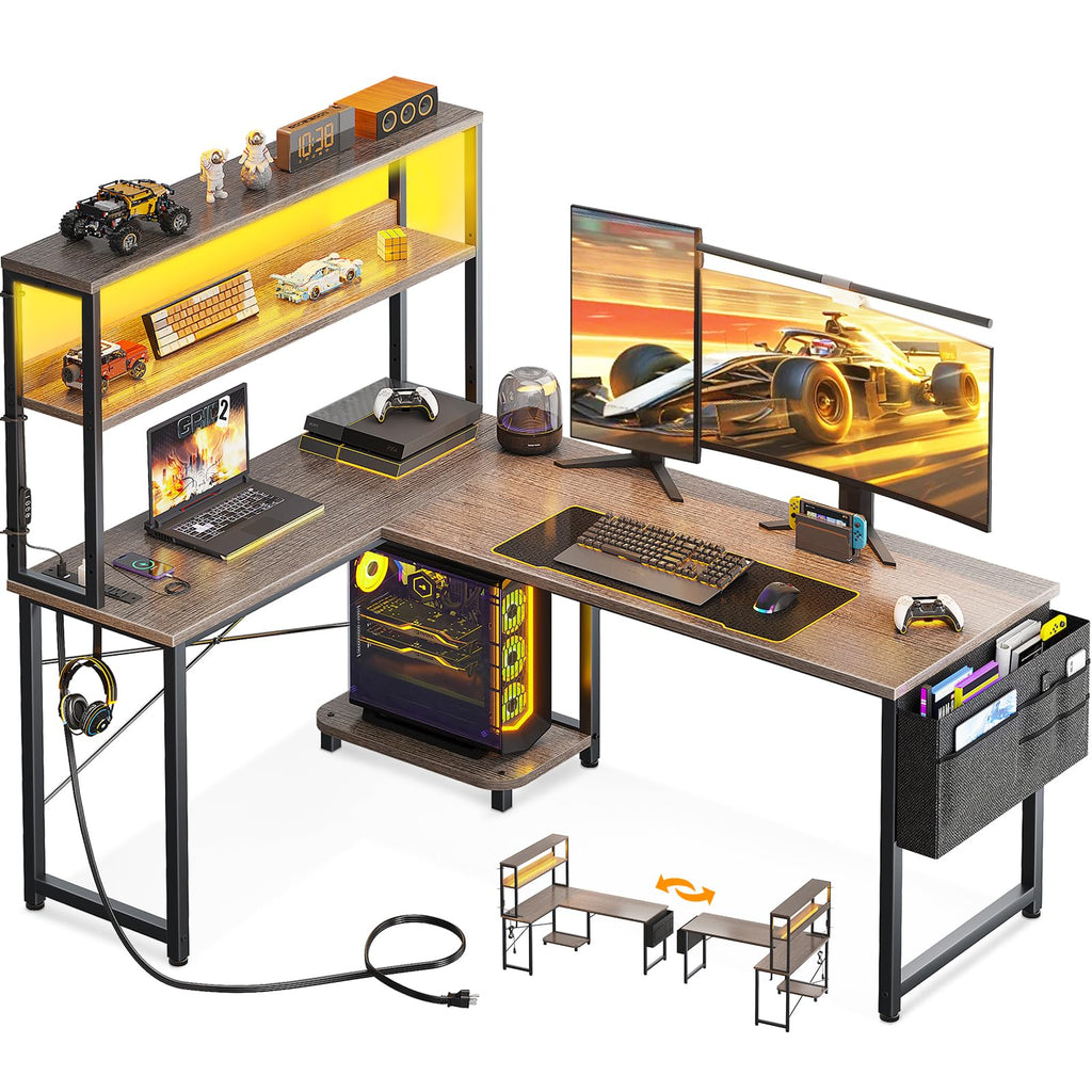 L Shaped Gaming Desk with LED Light and Power Outlet