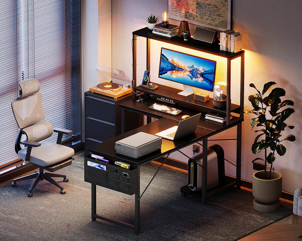 L Shaped Gaming Desk with LED Light and Power Outlet
