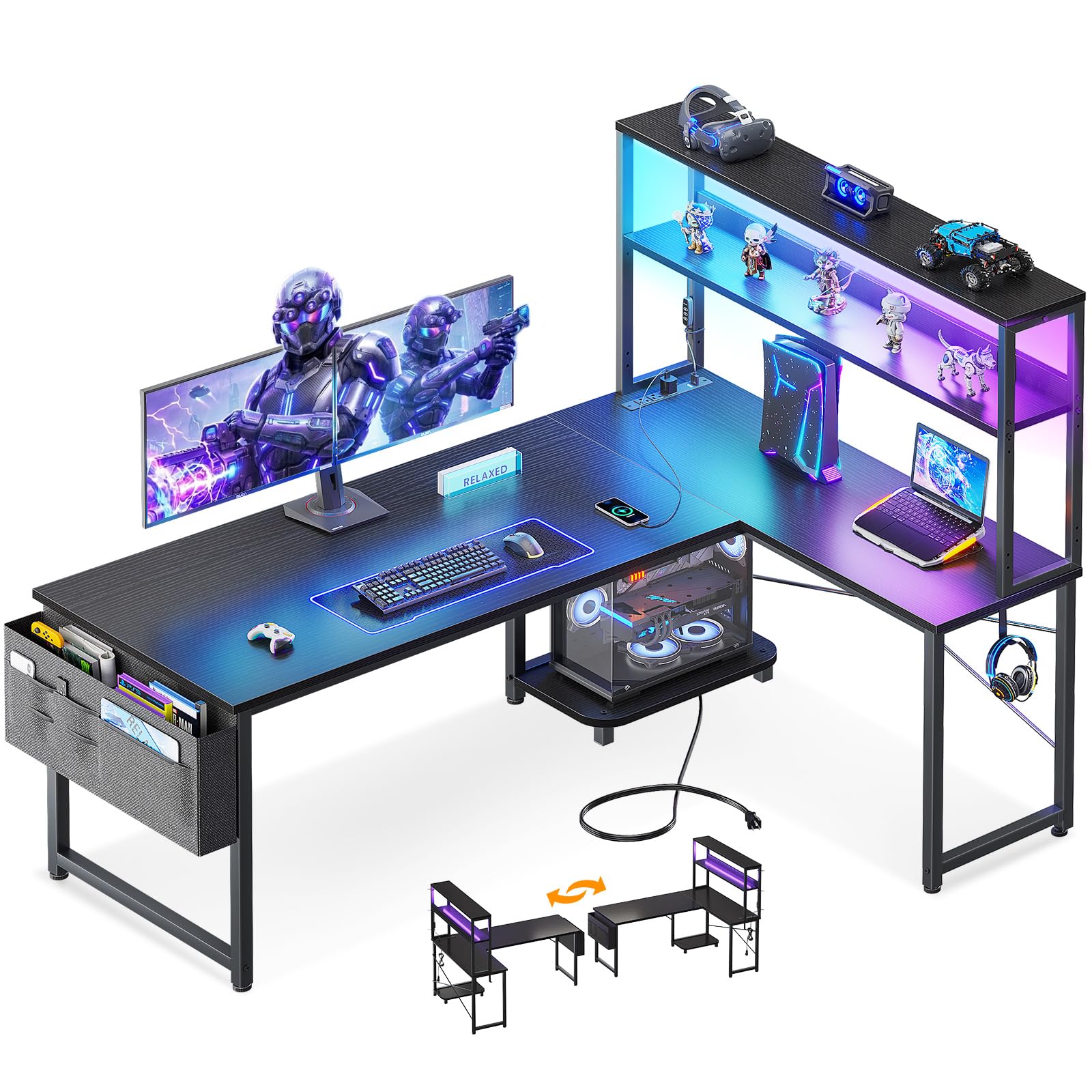 L Shaped Gaming Desk with LED Lighting and Outlets