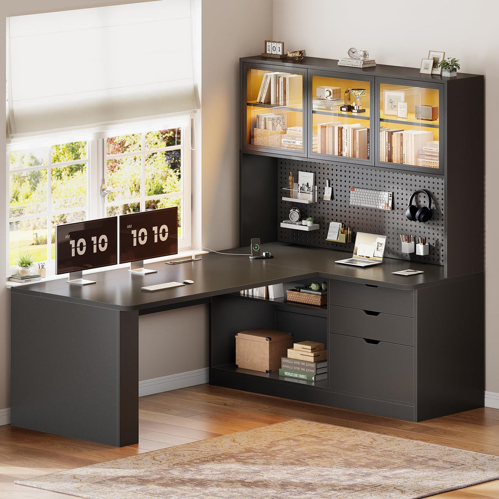 L Shaped Gaming Desk with Drawers and Bookshelf