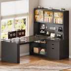L Shaped Gaming Desk with Drawers and Bookshelf