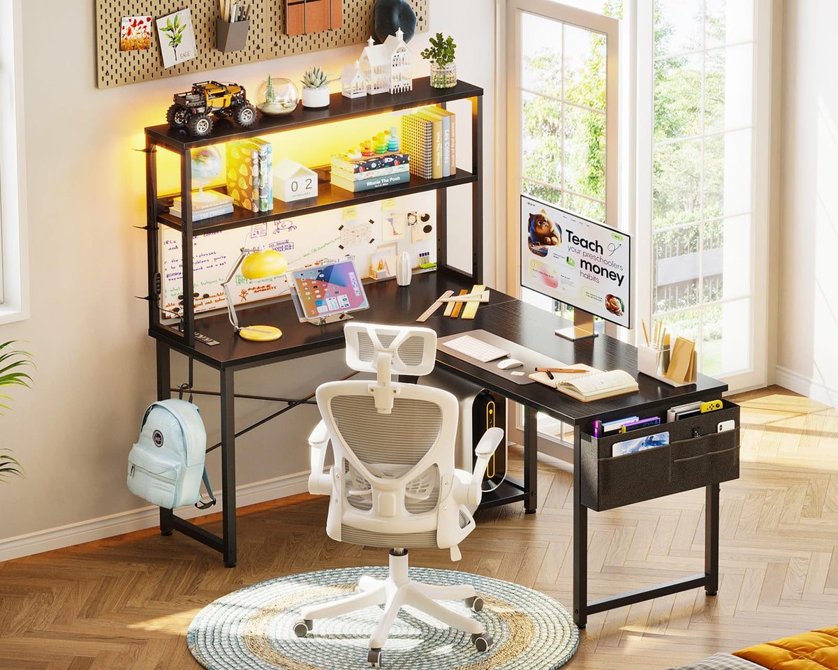 L Shaped Gaming Desk with LED Light and Power Outlet