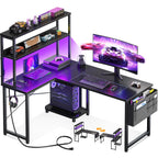L Shaped Gaming Desk with LED Light and Power Outlet