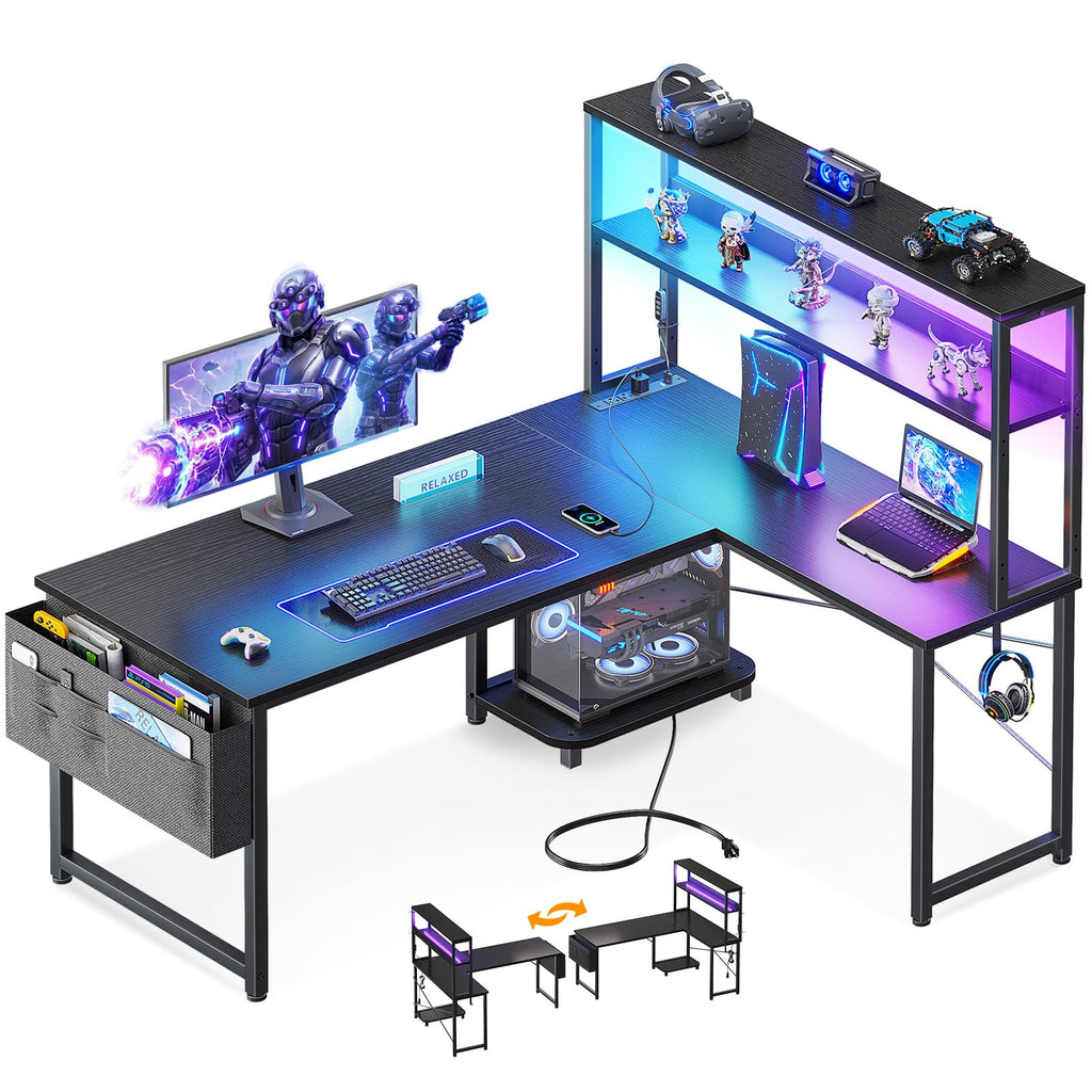 L Shaped Gaming Desk with LED Lighting and Outlets