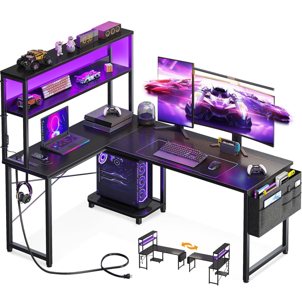 L Shaped Gaming Desk with LED Light and Power Outlet