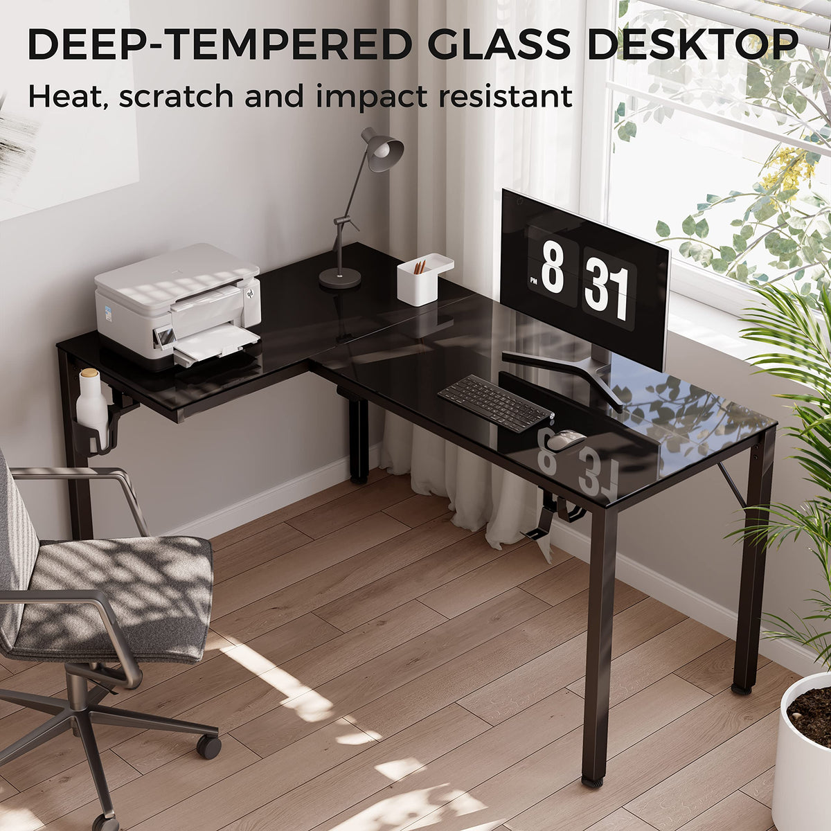 L Shaped Gaming Desk with LED Glass Desktop Design