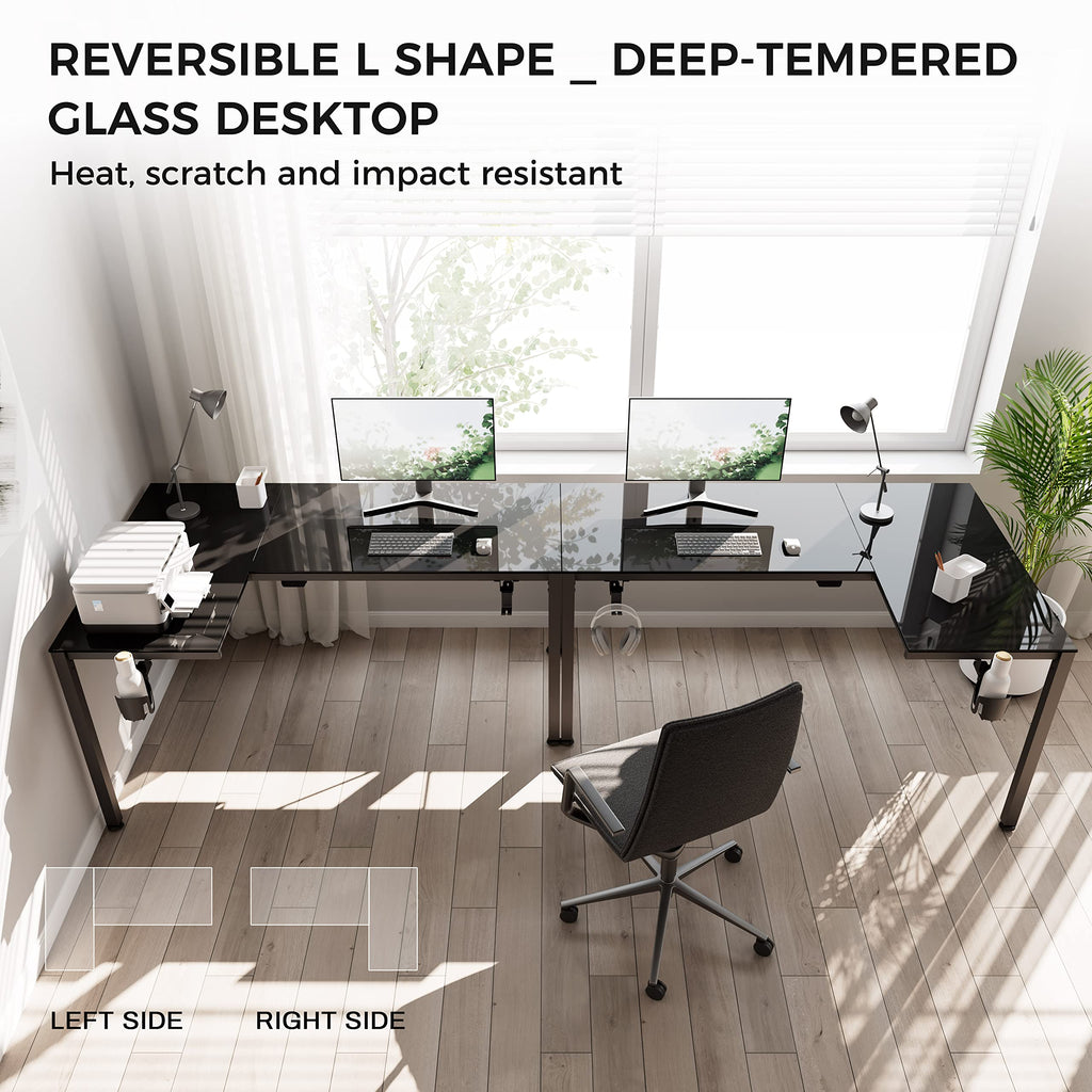 L Shaped Gaming Desk with LED Glass Desktop Design