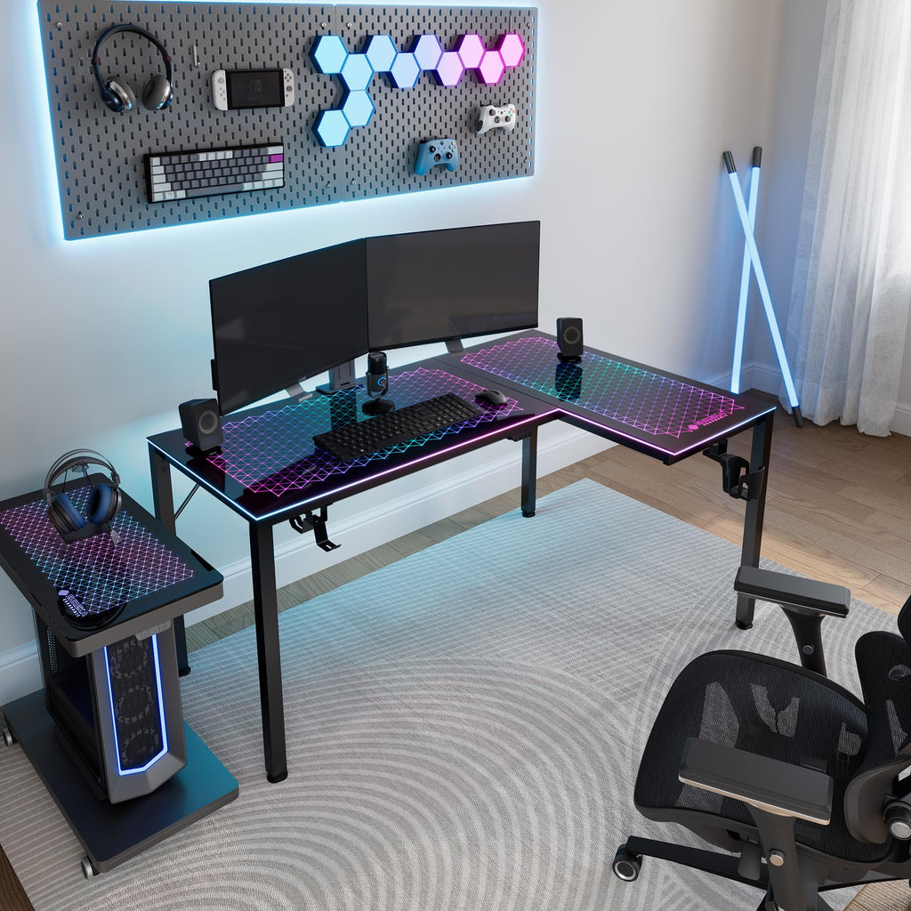 L Shaped Gaming Desk with LED Glass Desktop Design